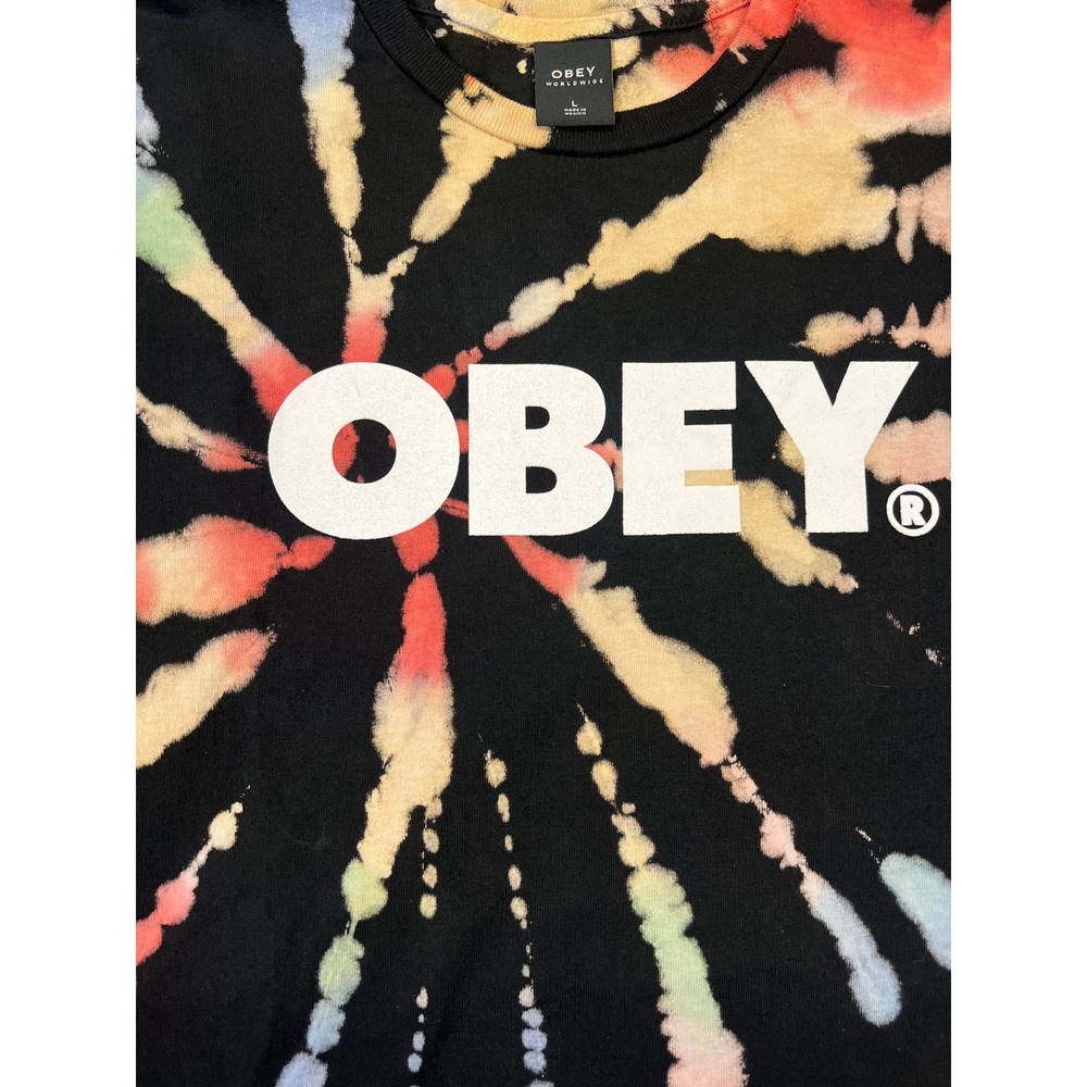 Obey Worldwide Mens Large Long Sleeve Tie Dye Graphic Logo T-Shirt Black Rainbow